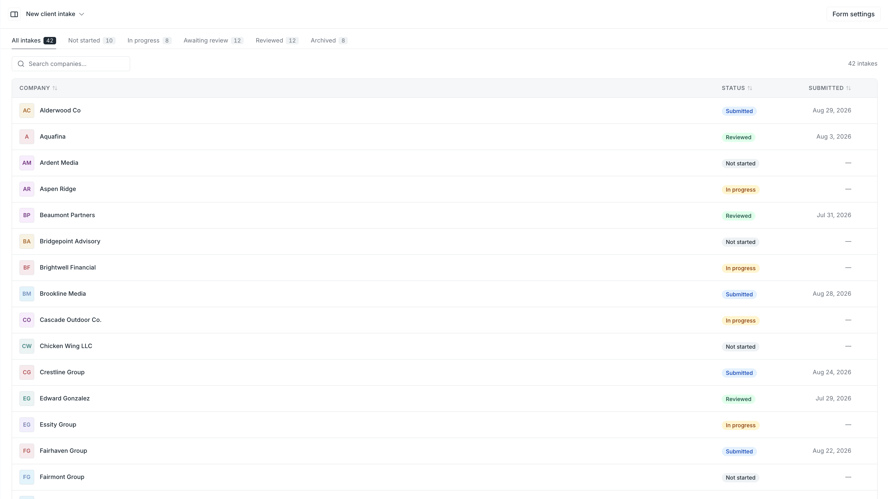 Client intake form screenshot